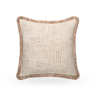 Colesbourne lattice weave cushion in ivory and natural beige with a gold fringe