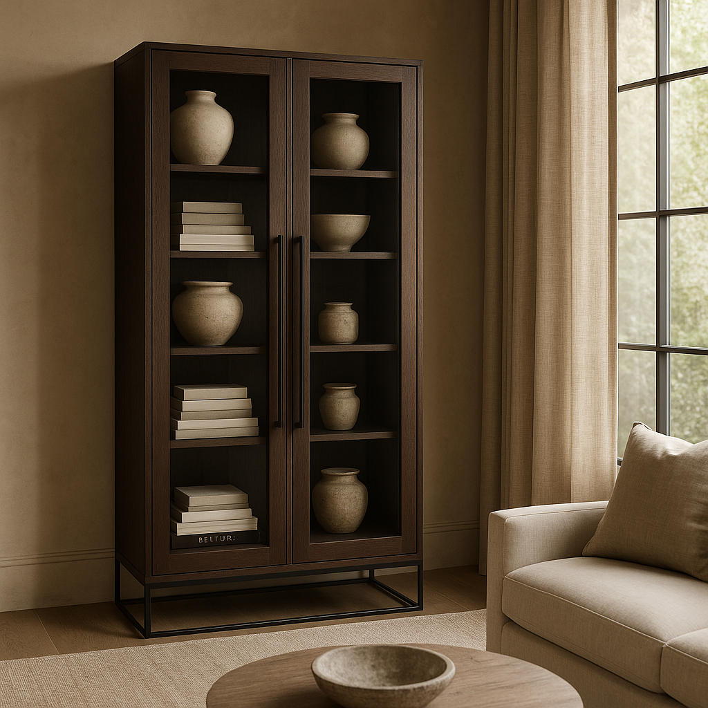 Introducing the sophisticated Oneta Tall Wooden Cabinet, featuring elegant glass doors and a luxurious design. Enhance your space with this exclusive piece, crafted with premium quality wood.