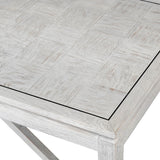 The Pasadena white oak coffee table is crafted from premium oak and oak veneer and finished in an off white with a square pattern detail.