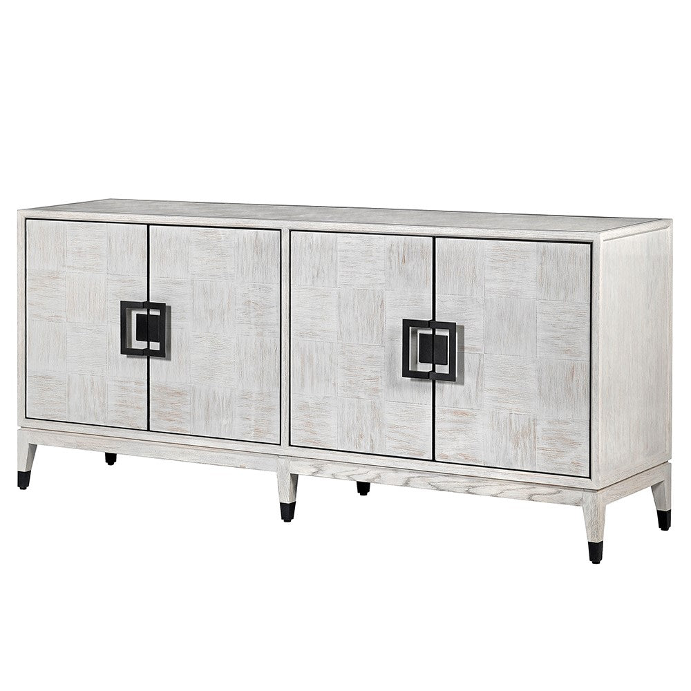 The Pasadena white oaks sideboard features four doors and is crafted from premium oak and oak veneer and finished in an off white with a square pattern detail.

&nbsp;Its shelves are both adjustable and removable, providing versatility and convenience.&nbsp;