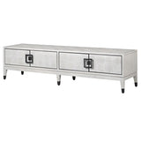 The Pasadena white oak tv unit features four doors and is crafted from premium oak and oak veneer and finished in an off white with a square pattern detail.

&nbsp;Its shelves are both adjustable and removable, providing versatility and convenience.&nbsp;