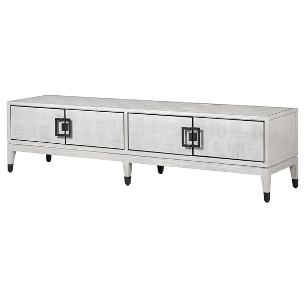 The Pasadena white oak tv unit features four doors and is crafted from premium oak and oak veneer and finished in an off white with a square pattern detail.

&nbsp;Its shelves are both adjustable and removable, providing versatility and convenience.&nbsp;