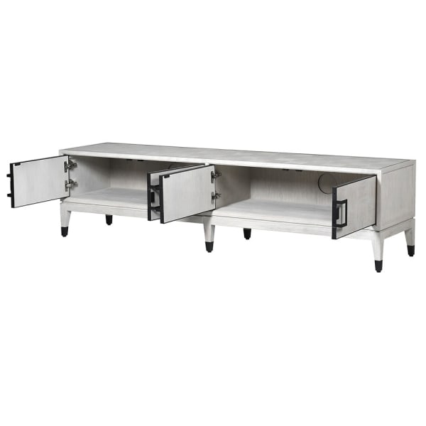 The Pasadena white oak tv unit features four doors and is crafted from premium oak and oak veneer and finished in an off white with a square pattern detail.

&nbsp;Its shelves are both adjustable and removable, providing versatility and convenience.&nbsp;