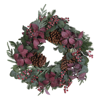 Savernake faux pine and eucalyptus wreath with plum leaves, red berries and pinecones