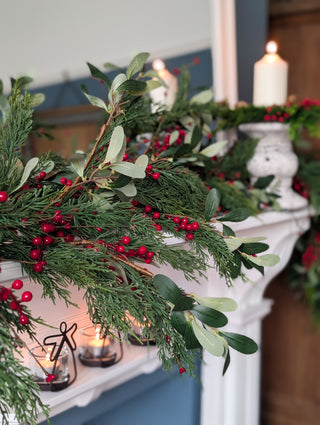 Full 183cm faux garland with cypress sprigs and soft olive leaves