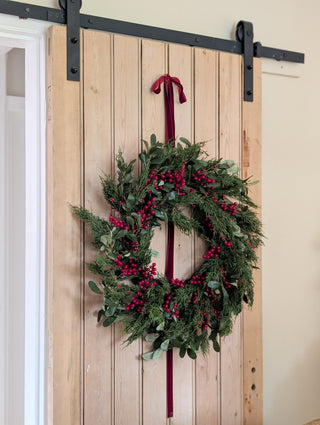 Large olive leaf and red berry Christmas wreath, 60cm