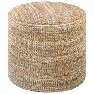 Padstow round pouffe in handwoven natural jute and cotton with striped raw-edge finish