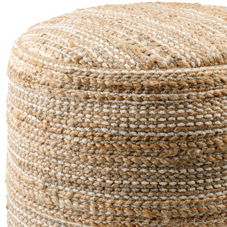Close-up of the Padstow pouffe's woven jute and cotton texture and raw edge