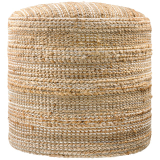  Padstow round pouffe in handwoven natural jute and cotton with striped raw-edge finish