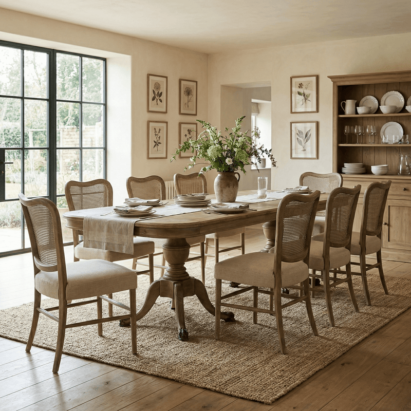 Ashbourne oak dining table styled in a country dining room with cane-back dining chairs, a jute rug, terracotta vase of flowers and botanical prints on a plaster wall