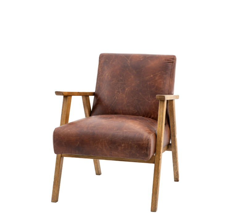 Brown leather armchair with wooden frame on a white background