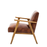 Brown leather armchair with wooden frame on a white background