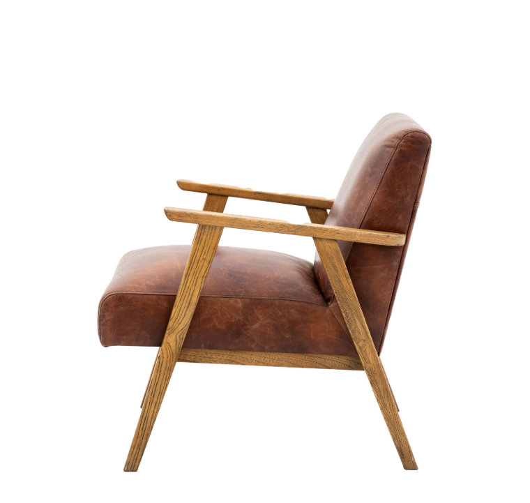 Brown leather armchair with wooden frame on a white background