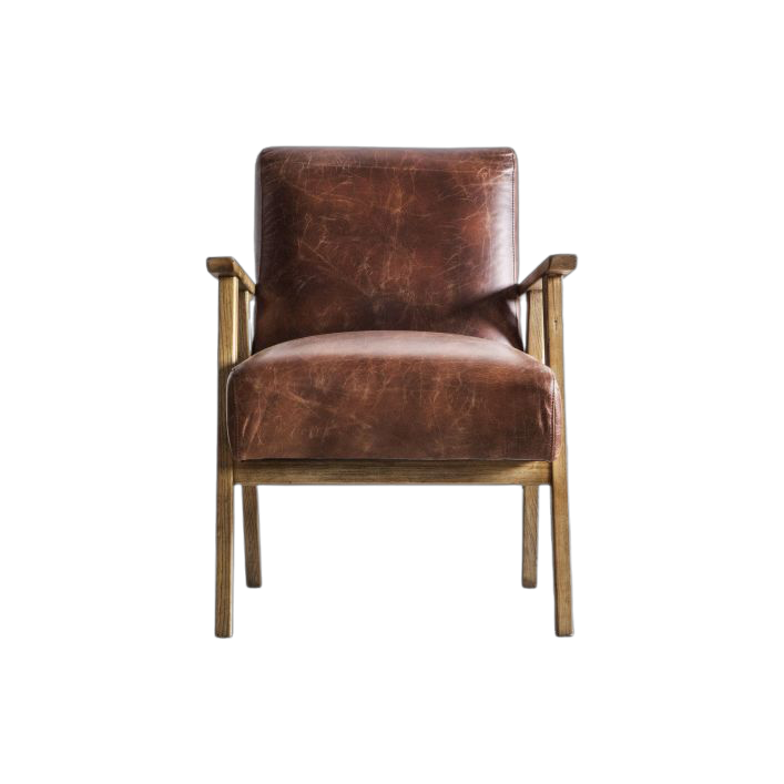 Pembroke wooden arm chair in vintage leather with solid wood frame
