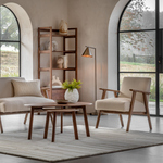 Modern living room with beige sofa, armchair, and wooden coffee table.