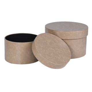 Penshurst hat boxes stacked vertically, demonstrating the nesting composition with the smaller box centred on top of the larger