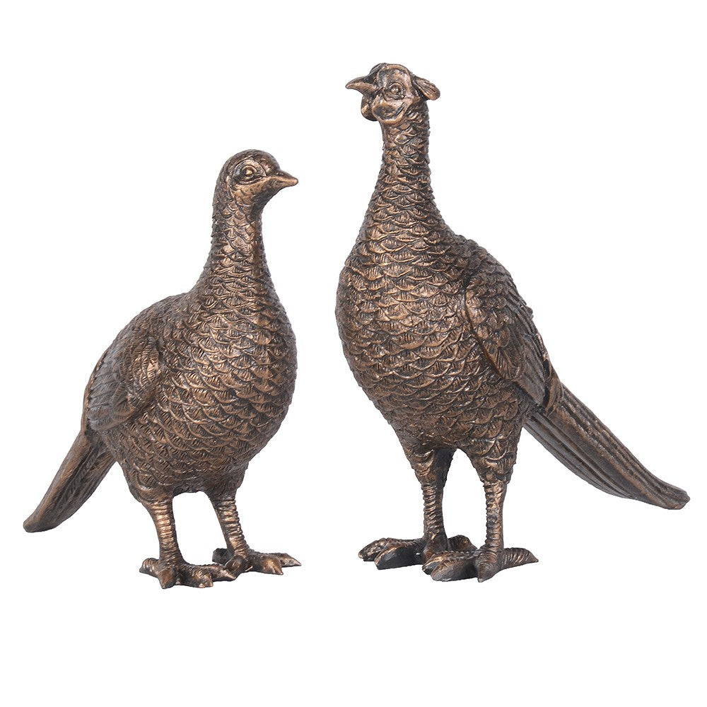 Pair of bronze effect pheasant figurines with detailed feathers