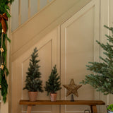 Decorative setup with Christmas trees, a star, and gift boxes in a home interior.