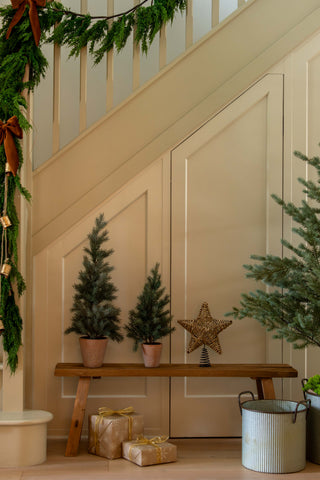 Decorative setup with Christmas trees, a star, and gift boxes in a home interior.