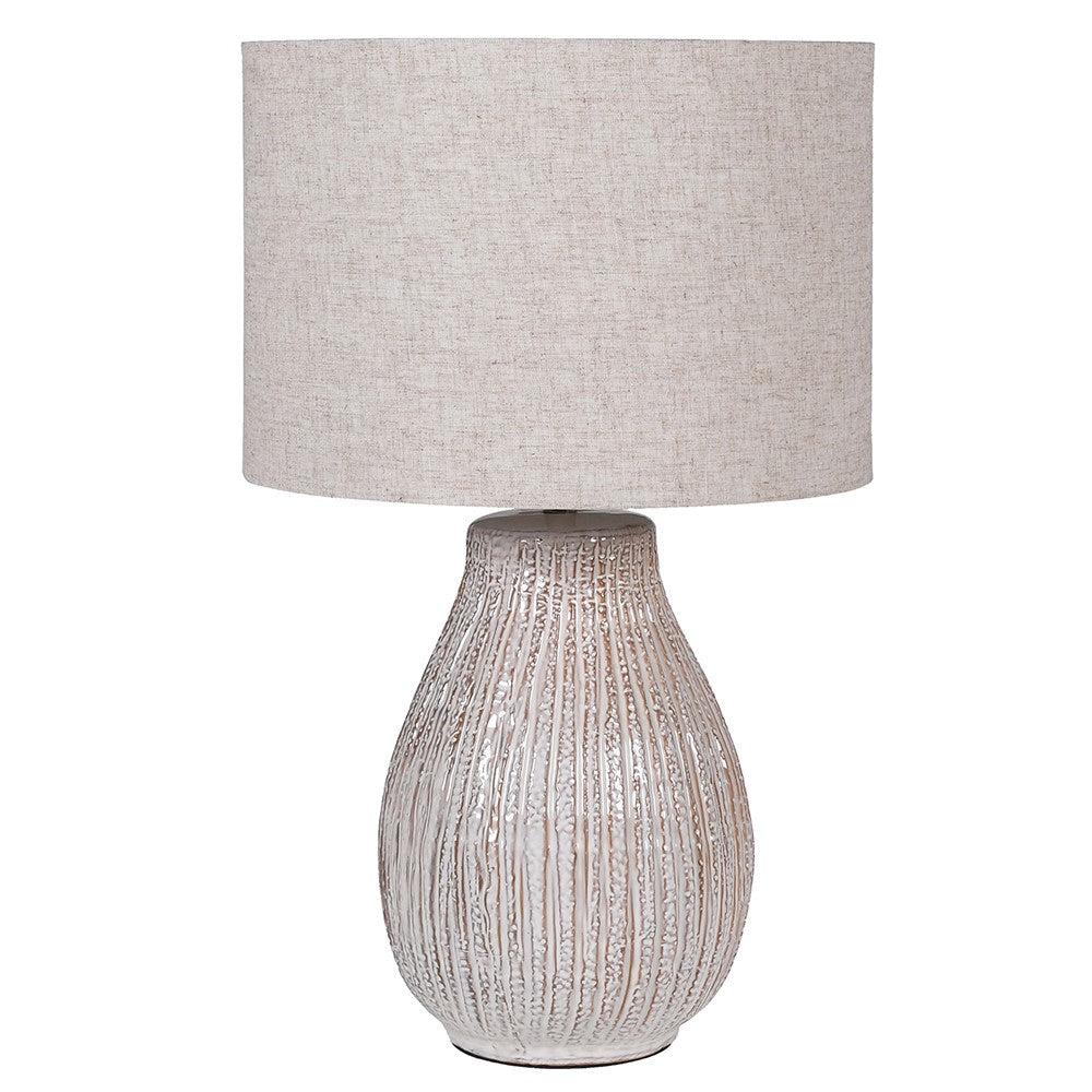 Pisa table lamp with hand-glazed ribbed cream ceramic gourd base and natural oat-toned linen drum shade, 57.5cm height