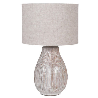 Pisa table lamp with hand-glazed ribbed cream ceramic gourd base and natural oat-toned linen drum shade, 57.5cm height