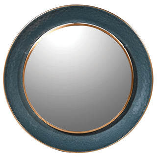 Round teal enamelled wall mirror with gold rim, 88cm diameter, front view