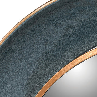 Close-up of teal and gold mirror frame showing speckled enamel finish and gold trim