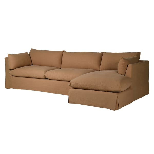 Indulge in the timeless elegance of the Portland Loose slip Cover Sectional Corner Sofa, featuring luxurious linen look upholstery in a warm brown. Featuring a loose cover design that exudes sophistication.