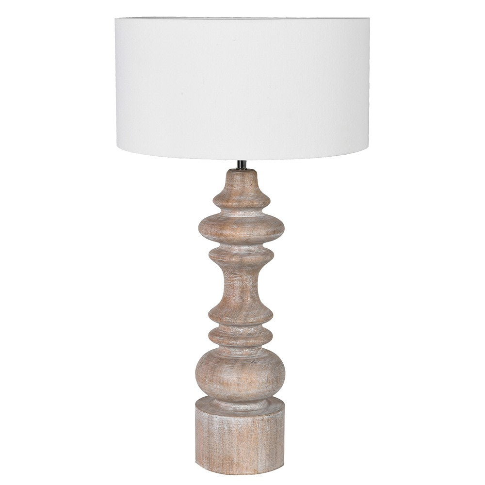 Provence Wooden Table Lamp with carved rustic wooden base and white fabric shade