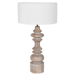 Provence Wooden Table Lamp with carved rustic wooden base and white fabric shade