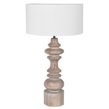 Provence Wooden Table Lamp with carved rustic wooden base and white fabric shade