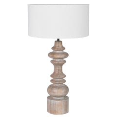 Provence Wooden Table Lamp with carved rustic wooden base and white fabric shade
