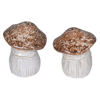 Mushroom porcelain salt and pepper shakers with speckled brown glazed caps