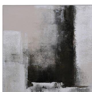 Close-up of the textured paint layers on a neutral abstract canvas