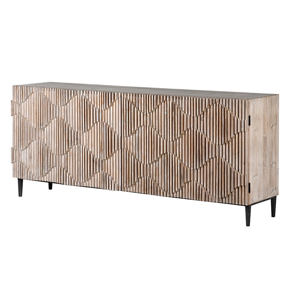 Reclaimed pine sideboard with carved wave pattern and black tapered legs