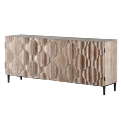 Reclaimed pine sideboard with carved wave pattern and black tapered legs