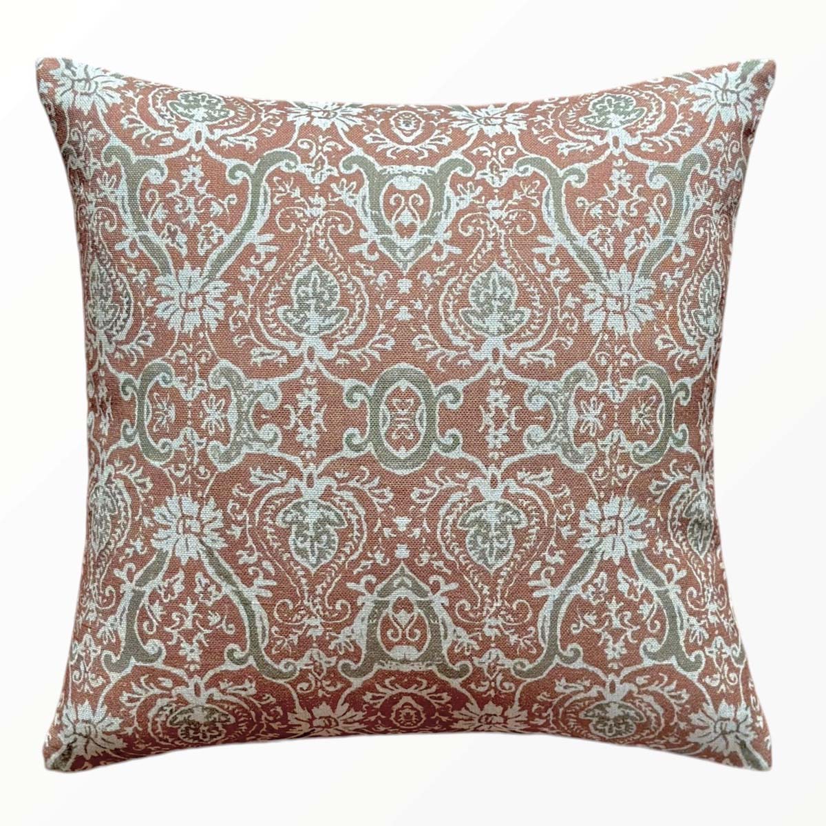 Regal Opulent Linen Print Cushion | Terracotta & Green