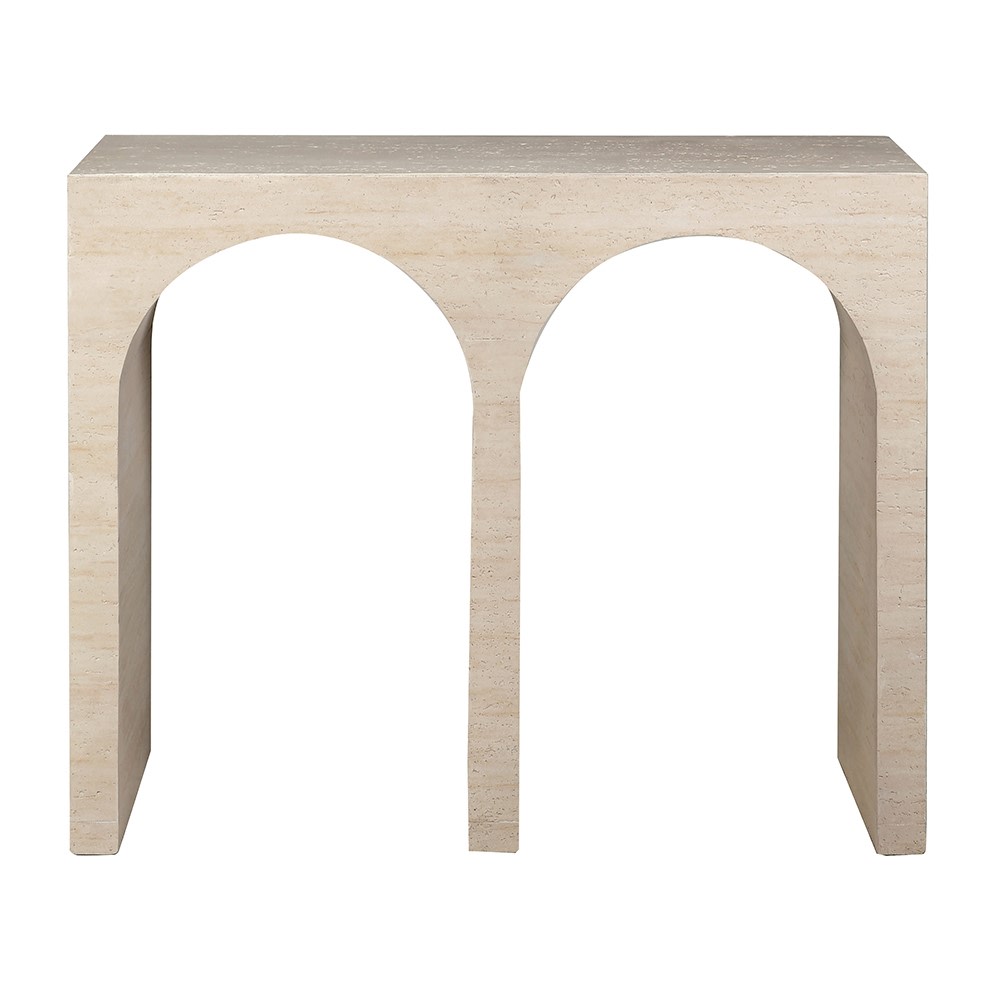Roma travertine effect console table, front view with twin arches