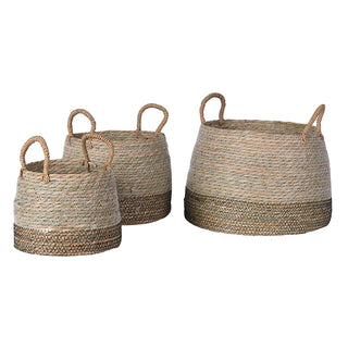 Norfolk set of three handwoven rush storage baskets in nesting sizes with two-tone weave, natural pale rush body and darker bronzed band, twin rope handles