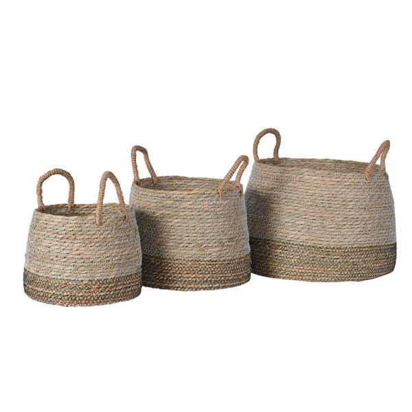 Norfolk large rush basket with rounded belly silhouette, natural pale rush weave, darker bronzed band around lower third and twin looped rope handles