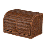 Closed faux rattan bread box with woven wicker design.
