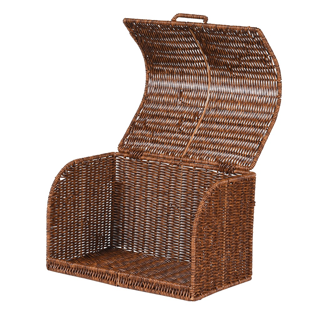 Faux rattan bread box with hinged lift-up lid open