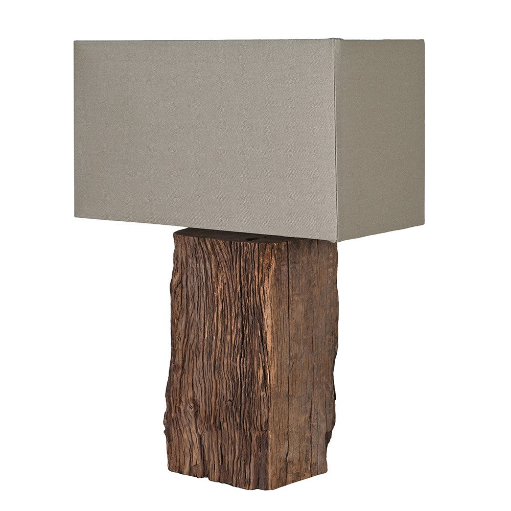 Rustic reclaimed wood table lamp with rectangular taupe linen shade, angled view showing natural grain and texture