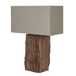Rustic reclaimed wood table lamp with rectangular taupe linen shade, angled view showing natural grain and texture