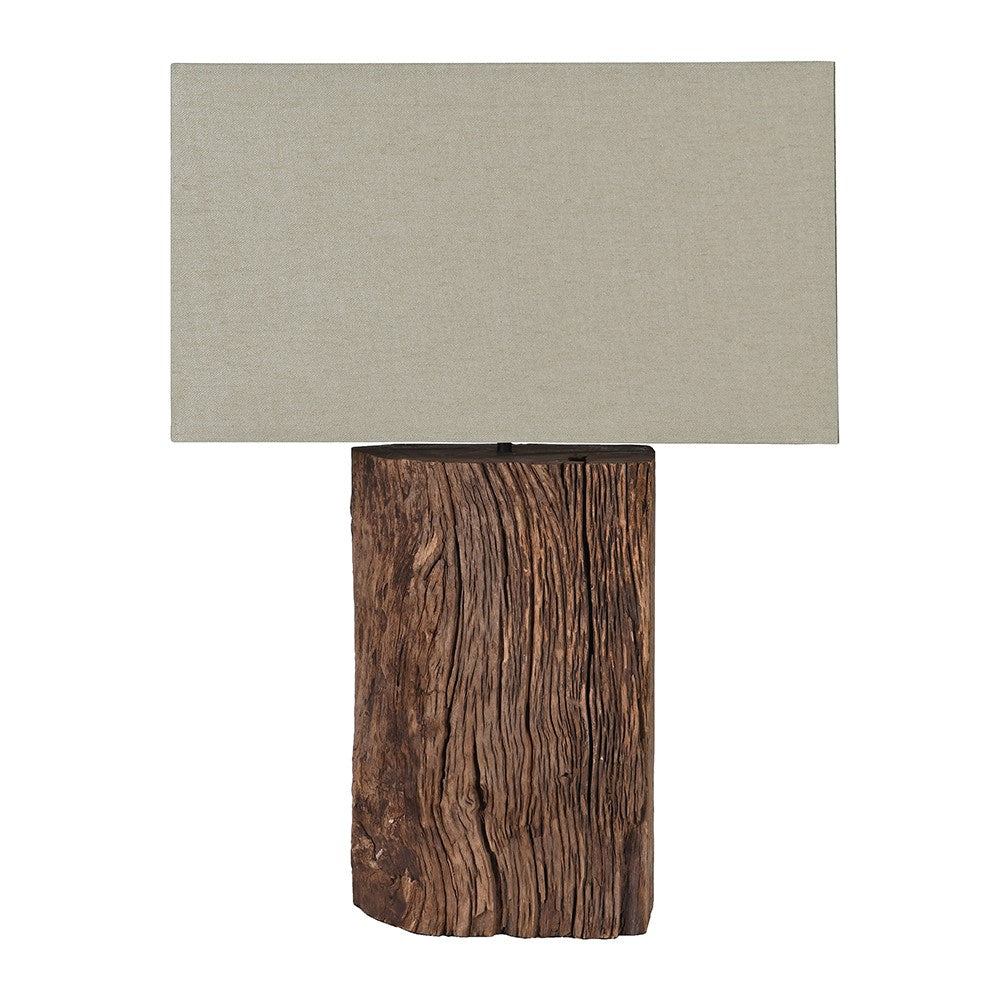 Front view of modern rustic wood table lamp featuring a natural reclaimed wood base and rectangular linen shade