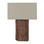 Front view of modern rustic wood table lamp featuring a natural reclaimed wood base and rectangular linen shade