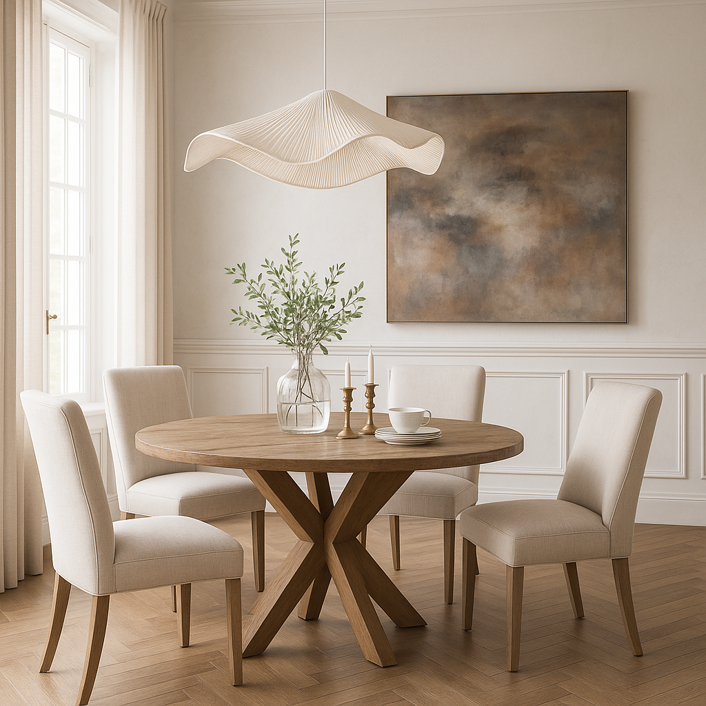 Dining room with wooden table and chairs, featuring a modern light fixture and artwork on the wall.