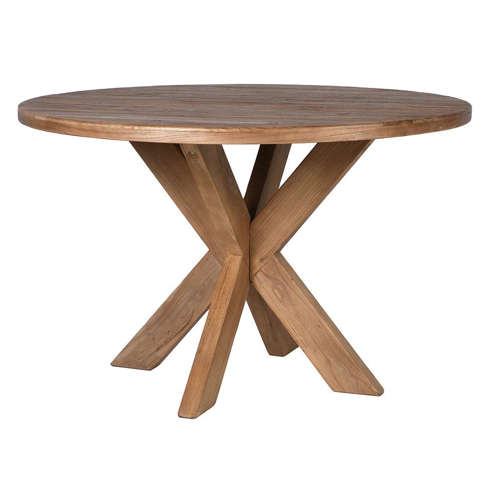 Rustic round wooden dining table with solid X-shaped base made from reclaimed wood