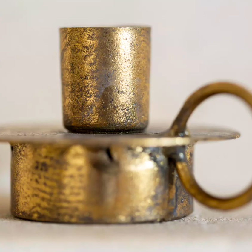 Rustic brass candle holder with loop handle