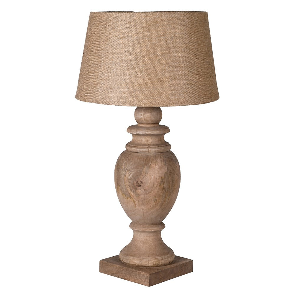 Rustic mango wood table lamp with linen shade inspired by farmhouse and farming decor